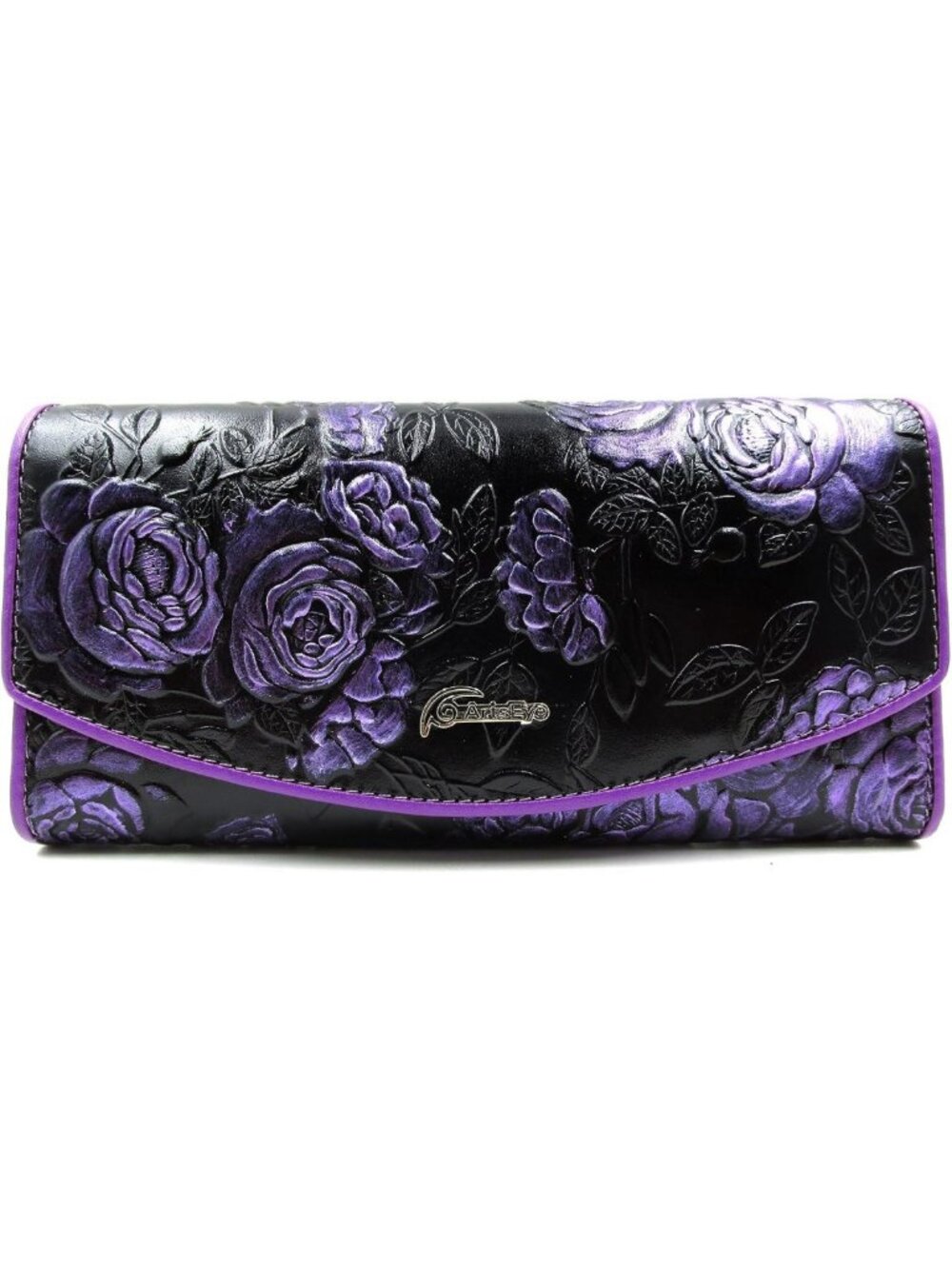 Elegant Purple Roses Embossed Genuine Leather Trifold Wallet Purse for Women